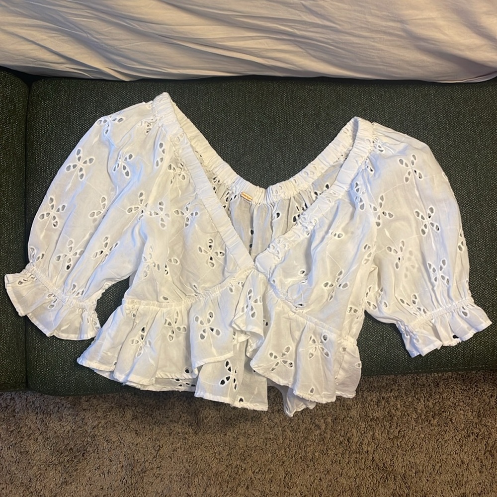 Free People White Ruffled Crop Blouse - Picture 5 of 7